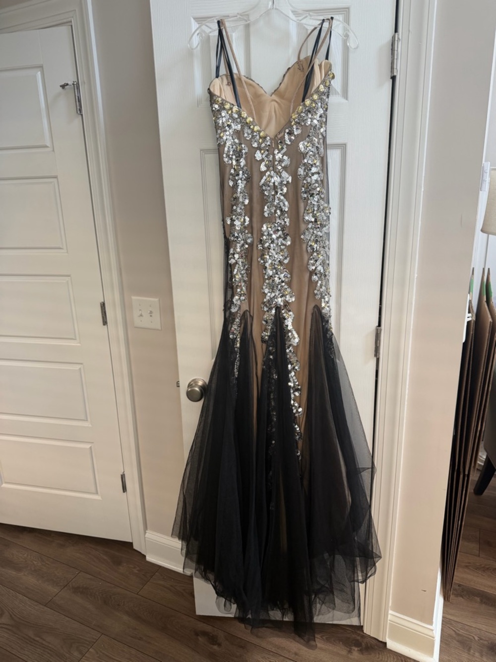 JVN by Jovani Black and Nude Sequin Appliqué Mermaid Gown - Picture 3 of 6